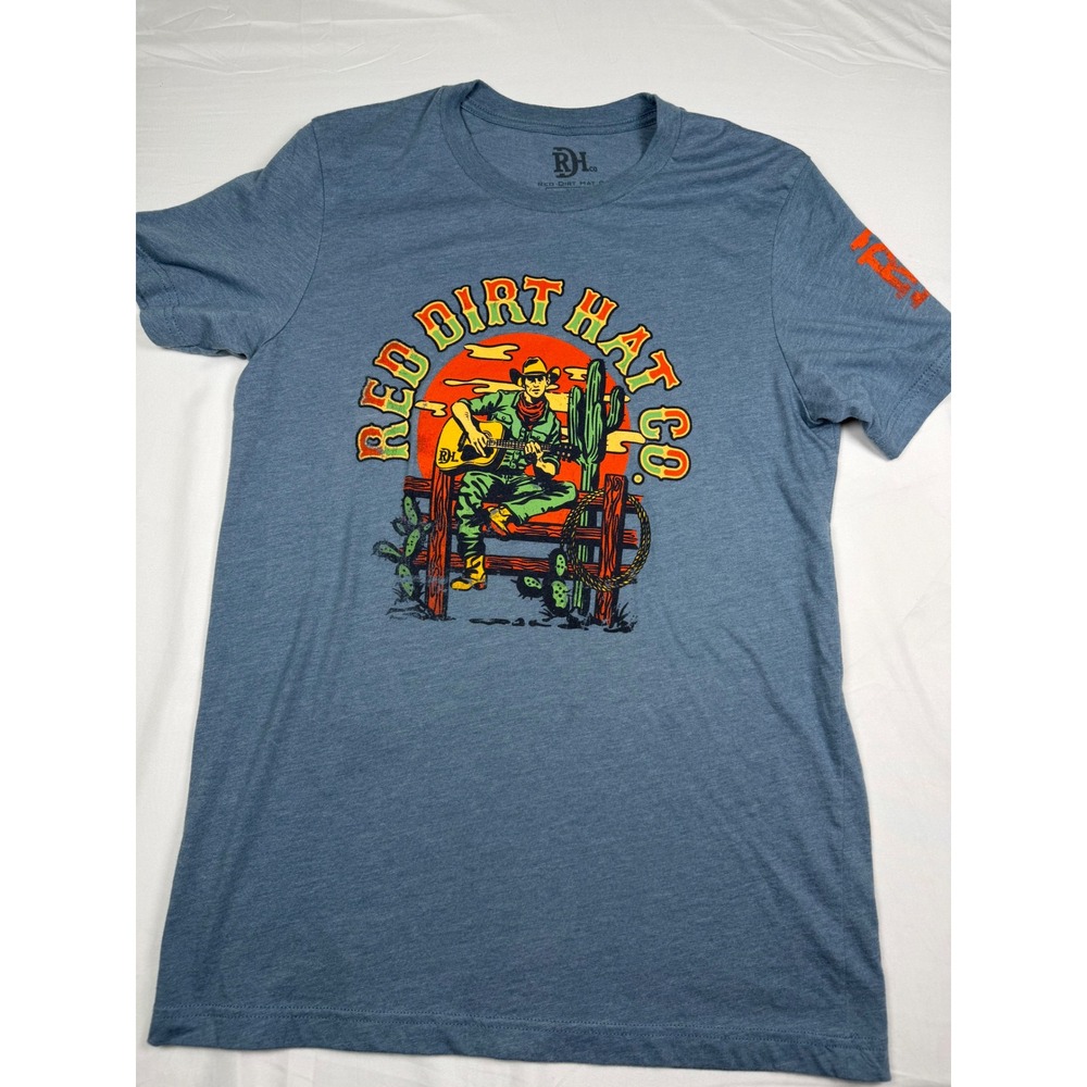 Red Dirt Hat Co Mens Blue Heathered Cowboy Guitar Graphic T-Shirt Medium